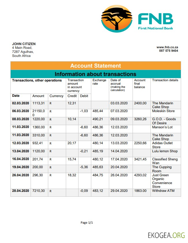 Modèle de justificatif de domicile de la South Africa First National Bank (FNB) au format Word et PDF
